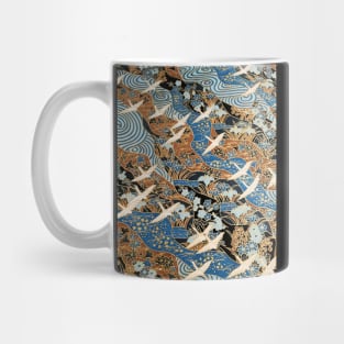 FLYING WHITE CRANES ON BLUE WATERS AND SPRING FLOWERS Gold Teal Blue Japanese Floral Mug